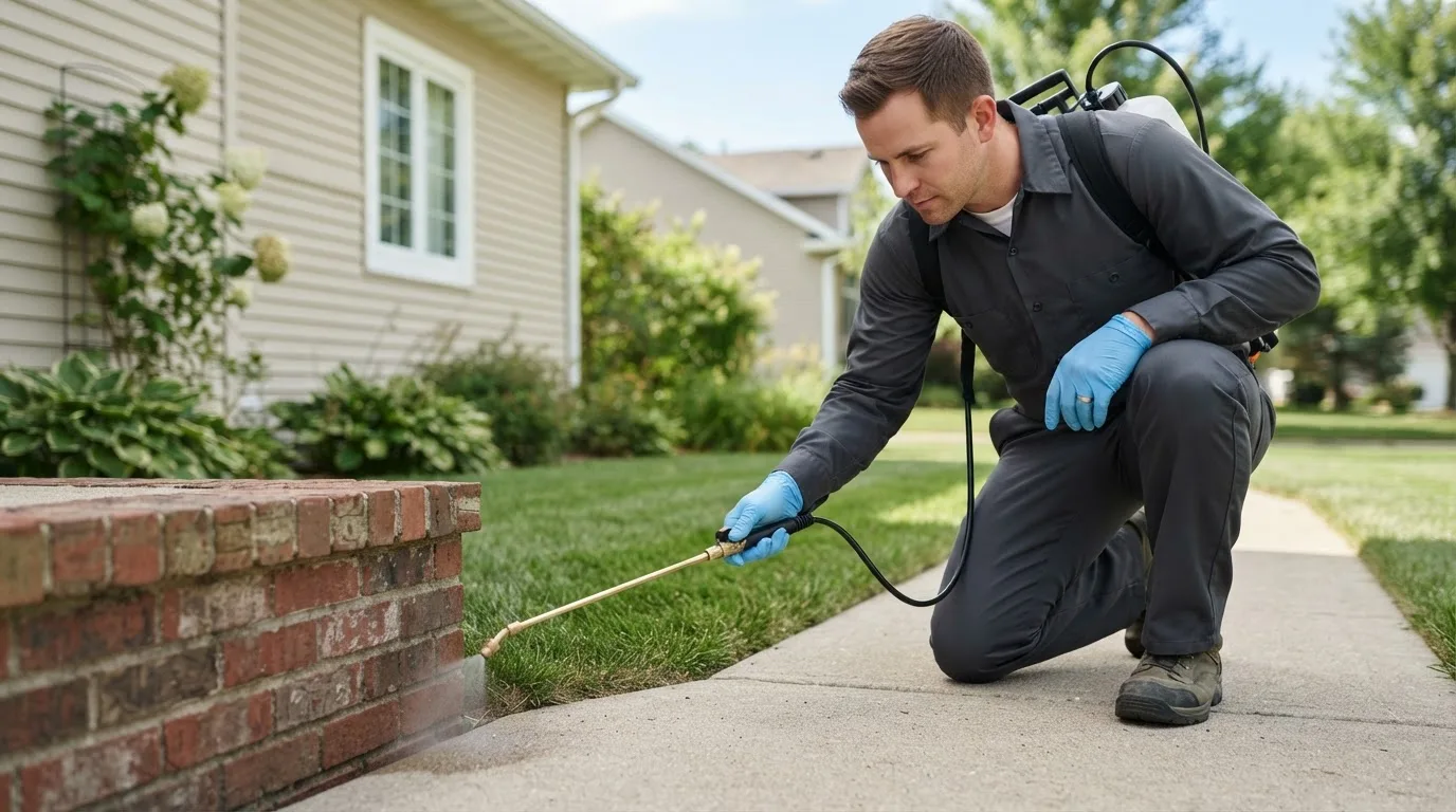 Pest control technician treating a home near Schoenchen, KS